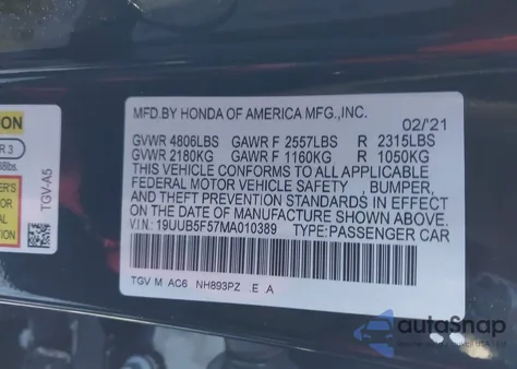 2021 Acura Tlx A-Spec Package из США, поврежденный, VIN 19UUB5F57MA010389